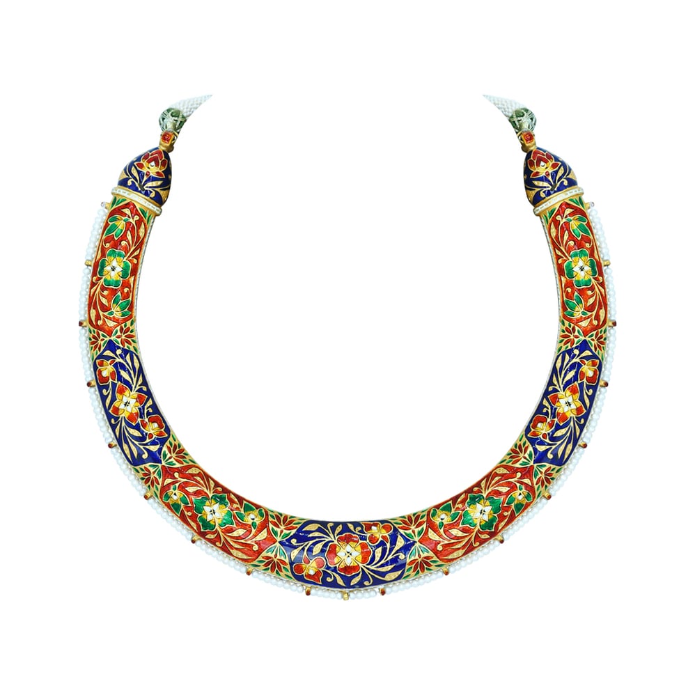 Green Enamel Hasli with Polki Diamonds and Pearl Accents